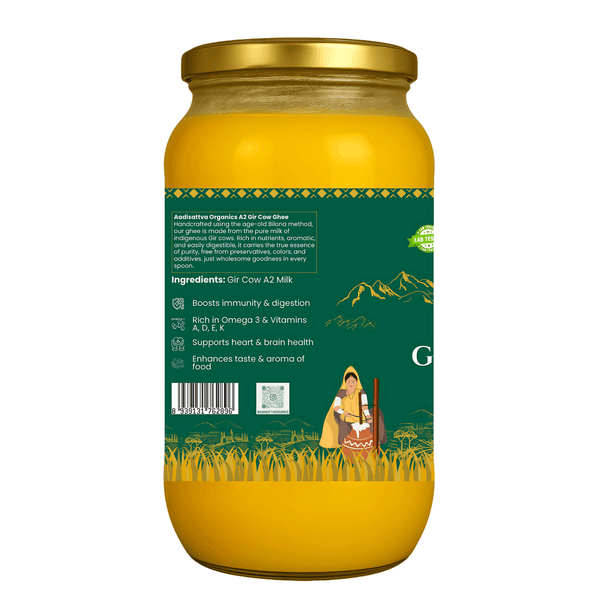 AADISATTVA ORGANICS A2 Gir Cow Ghee | Bilona Method | Made from Curd | Grass-Fed | Pure Desi Ghee | Chemical-Free | Rich Aroma & Granular Texture | 500ml