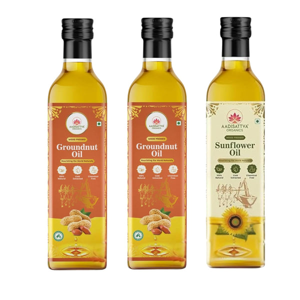 AADISATTVA ORGANICS Wood Pressed 1 Sunflower & 2 Groundnut Oil Combo Natural Cold Pressed Cooking Oil for Cooking and Frying (3 Pack)
