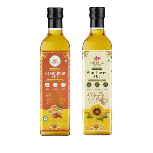 AADISATTVA ORGANICS Wood Pressed 1 Sunflower & 2 Groundnut Oil Combo Natural Cold Pressed Cooking Oil for Cooking and Frying (3 Pack)