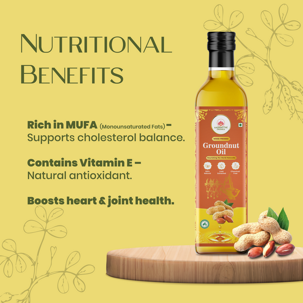 AADISATTVA ORGANICS Wood Pressed Groundnut Oil | Cold Pressed, Unrefined, Chemical Free, Kachi Ghani Peanut Oil | Rich Aroma & High Smoke Point | Rich in Vitamin E | Heart Healthy Cooking Oil |1L
