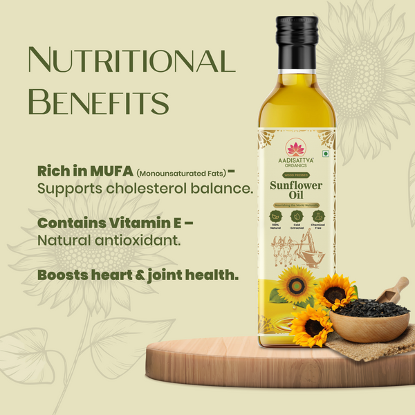 AADISATTVA ORGANICS Pure Natural Wood Pressed Sunflower Oil, Unrefined, Cold Extracted, Sweet Aroma, Immunity Booster for Healthy Cooking & Wellness