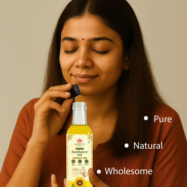 AADISATTVA ORGANICS Pure Natural Wood Pressed Sunflower Oil, Unrefined, Cold Extracted, Sweet Aroma, Immunity Booster for Healthy Cooking & Wellness