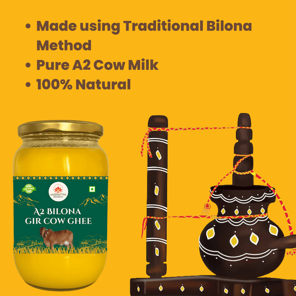 AADISATTVA ORGANICS A2 Gir Cow Ghee | Bilona Method | Made from Curd | Grass-Fed | Pure Desi Ghee | Chemical-Free | Rich Aroma & Granular Texture | 500ml