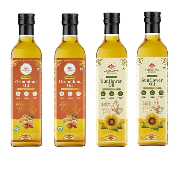 AADISATTVA ORGANICS Wood Pressed 1 Sunflower & 2 Groundnut Oil Combo Natural Cold Pressed Cooking Oil for Cooking and Frying (3 Pack)