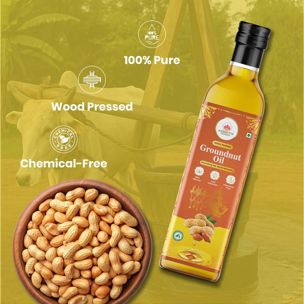 AADISATTVA ORGANICS Wood Pressed Groundnut Oil | Cold Pressed, Unrefined, Chemical Free, Kachi Ghani Peanut Oil | Rich Aroma & High Smoke Point | Rich in Vitamin E | Heart Healthy Cooking Oil |1L